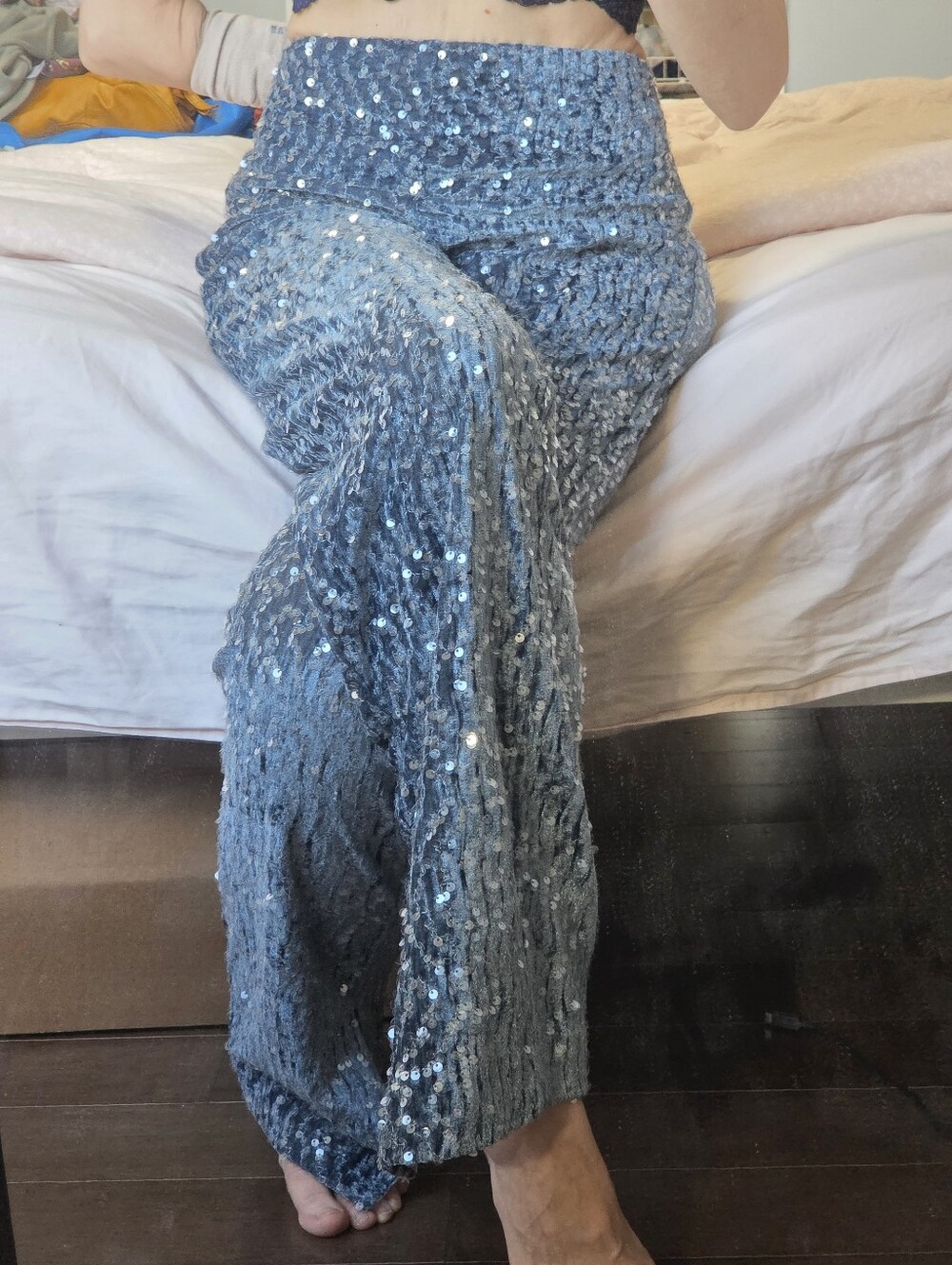 NEW Zara Blue Velvet Sequin Split Hem wide leg pants Sz S Mermaidcore Y2K - Picture 5 of 14